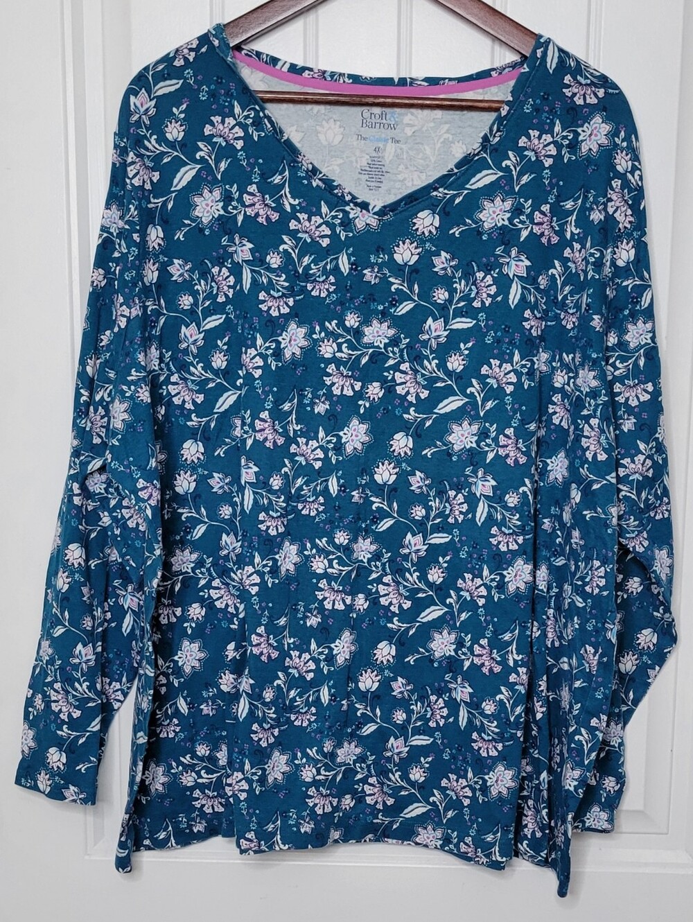 croft & barrow Teal Floral V-Neck Long Sleeve Top